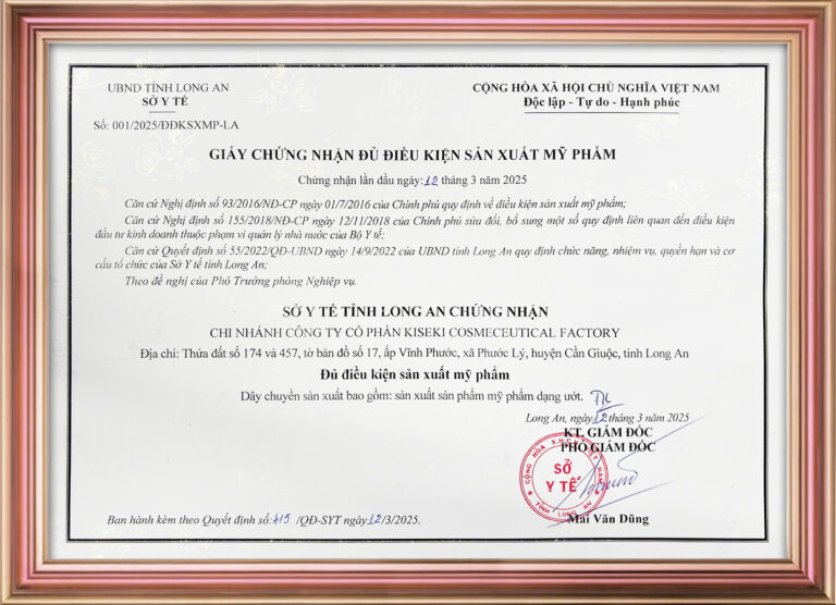 Giấy chứng nhận đủ điều kiện sản xuất mỹ phẩm (Số 001/2025) — bản quét chứng nhận