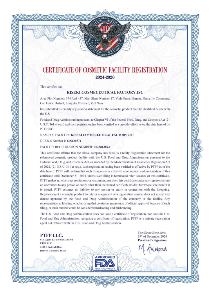FDA Cosmetic Facility Registration — bản quét chứng nhận