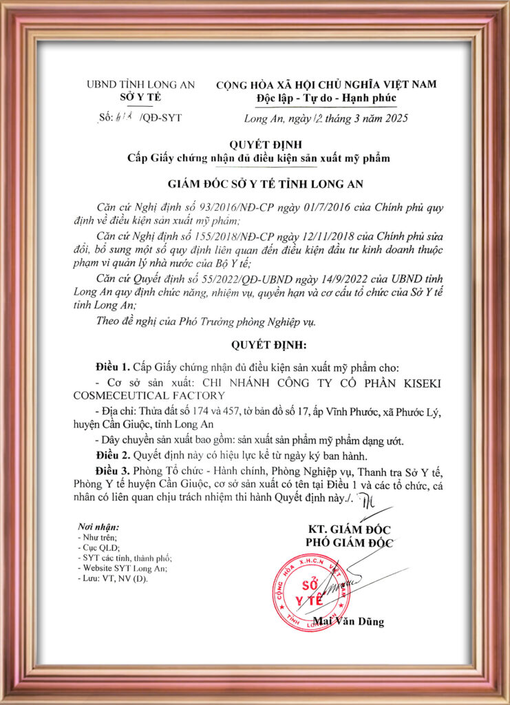 Giấy chứng nhận đủ điều kiện sản xuất mỹ phẩm — bản quét chứng nhận
